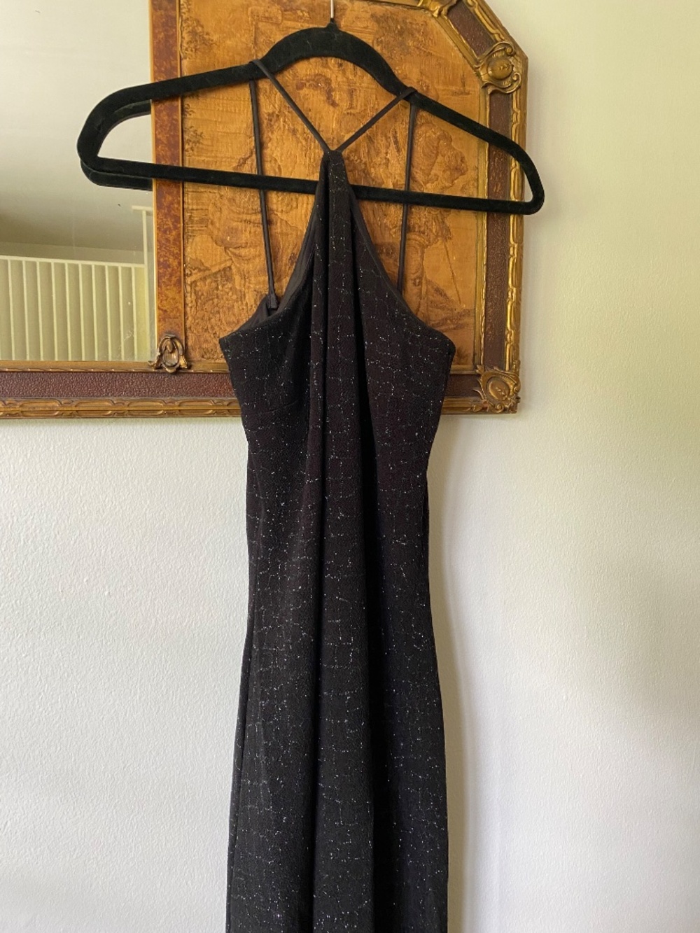 Vintage 1990s Cache Black Bodycon Glitter Halter Maxi Dress Gown Size 2 Prom